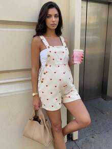 SHEIN 孕妇爱心图案口袋设计休闲连体衣 - 杏色 - 查看 1