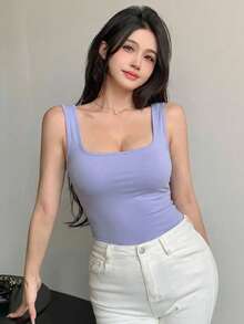 DAZY 女士纯色休闲吊带背心，适合夏季日常穿着。 - 霧霾藍 - 查看 5