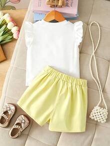 Elladie kids 4-7岁女童两件套：可爱蝴蝶结装饰串珠短袖上衣和松紧腰串珠开衩短裤，适合日常生活、派对和其他场合。 - 黃色 - 查看 2