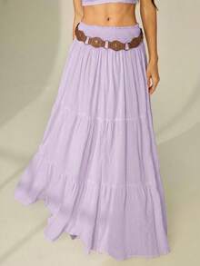 SHEIN Tall Women's Solid Color Shirred Waist Ruffled Hem Skirt, Tall Beach Lavender Summer Boho - Mauve Purple - View 5