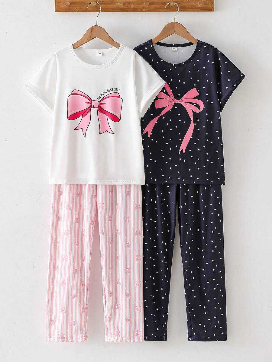 Genkimix Kids 2件套女童时尚可爱波点蝴蝶结印花短袖上衣和宽松裤子休闲舒适睡衣 - 彩色 - 查看 1
