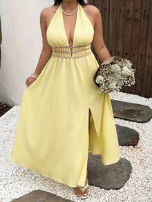 Sunnyshic Light Yellow Deep V-Neck Backless A-Line Maxi Dress,Floral Pattern Waist,Ruffle Hem Summer Tropical Vacation Holiday Beach Wedding Guest Travel - Yellow - View 3