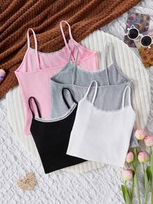 4 Conjuntos de Camisole com Renda Doce, Design de Renda Delicada no Decote, Sem Estampas, Cores Clássicas Incluem Preto, Cinza Claro, Rosa, Branco, Versátil - Multicolorido - Visão 2