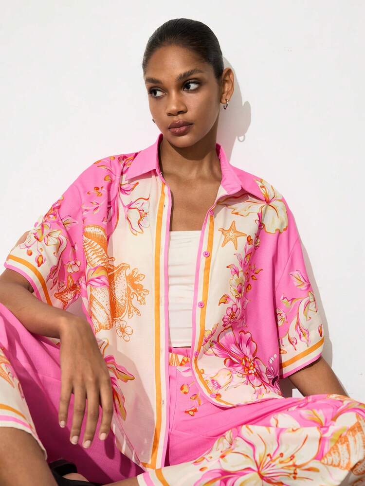 SHEIN Maija Women's All-Over Print Front Button Casual Loose Shirt