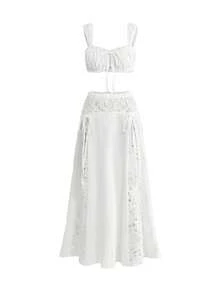 Sweetness Southern Italy Style Vacation Lace Hollow-Out Cropped Top And Skirt 2 Pieces Set For Women - White - View 10