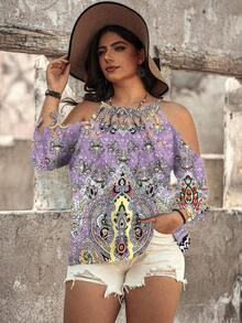 Linhara CURVE Blusa casual y elegante de talla grande para mujer con estampado de teñido anudado, para primavera/verano - Púrpura polvoriento - Ver 3