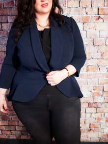 Truni Plus Shawl Collar Open Front Blazer Without Cami Top In Fall/Winter, For Pear Triangle Body Shape - Navy Blue - View 5