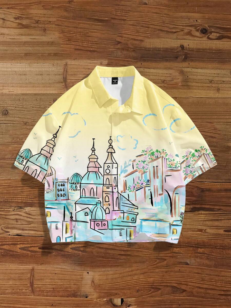 Manfinity Joysei Camisa holgada con estampado de paisaje de playa casual de verano para hombres - Amarillo claro - Ver 1