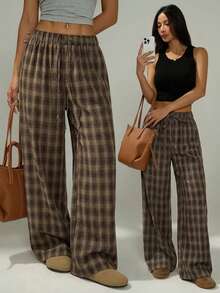 SHEIN PETITE Women's Brown Baggy Plaid Minimalist Casual Pants - Multicolor - View 2