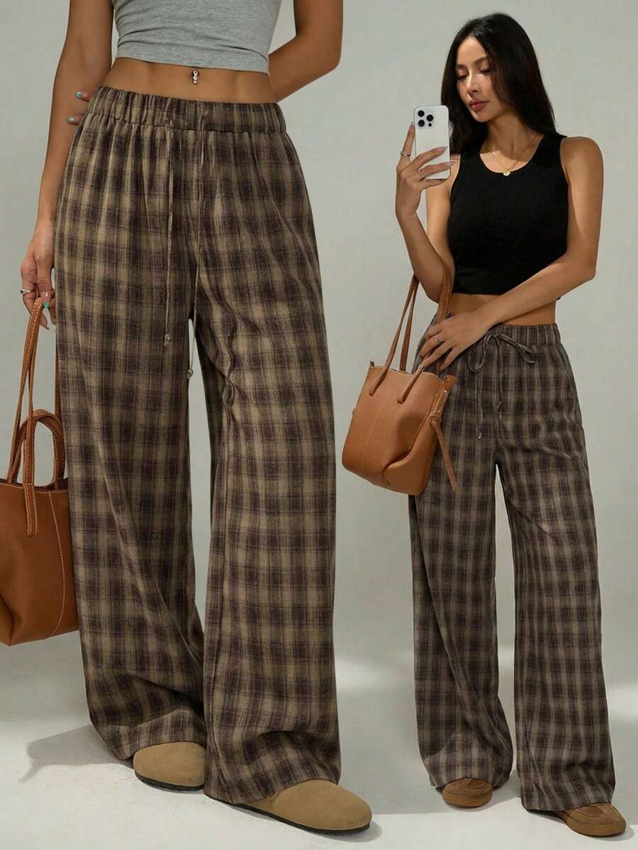 SHEIN PETITE Women's Brown Baggy Plaid Minimalist Casual Pants
