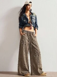 Bohemela Plus Size Patch Pocket Drawstring Waist Casual Wide Leg Pants Fall - Coffee Brown - View 4
