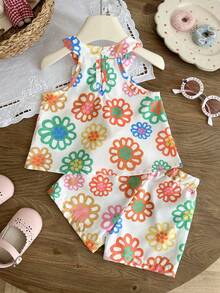 SHEIN 女嬰 6個月-3歲 2件/套 白色夏季可愛度假優雅花卉印花無袖荷葉邊上衣與短褲休閒寬鬆套裝 - 彩色 - 查看 3