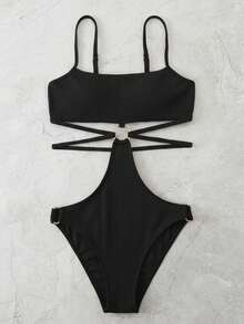 Summer Beach Textured Ring Linked Cut-Out One Piece Swimsuit - Black - View 4