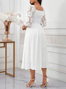 SHEIN Lady 女士优雅网纱拼接心形领中长连衣裙，夏季 - 白色 - 查看 2