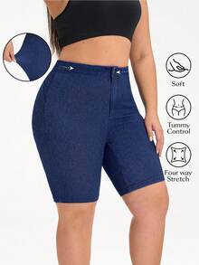 SHEIN Unity Plus Size Summer Casual Slim Fit Denim Shorts Brown - Blue - View 2