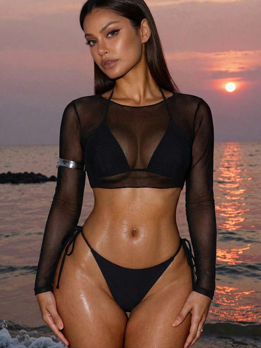 SHEIN Swim Summer Beach Solid Bikini Set Halter Bra & Tie Side Thong Bottom & Long Sleeve Cover Up Top 3 Piece Bathing Suit - Black - View 1