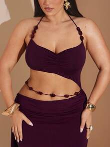 SHEIN BAE Plus Size Deep Chestnut Red Beaded Halter Bodycon Dress, Elegant Party Dress For Plus Size Women,Dark Purple,Summer,Girlism,Night Out Club,Curve - Rusty Rose - View 2