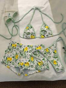 Costavie Swim Mod 热销新品优雅波西米亚复古风三合一比基尼套装，性感可爱泳装，活力蓝白撞色，柠檬和玛瑙瓷砖印花，三角挂脖上衣，性感丁字裤，高腰平角短裤，可变换多种穿搭方式，Y2K 辣妹风，完美适用于夏季海滩度假、泳池派对、日光浴、游泳、音乐节以及打造时尚摩登度假氛围。 - 彩色 - 查看 6
