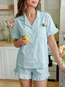 Snug Reverie Wave Striped Ruffle Sleeve Casual Short Sleeve & Shorts Pajama Set - Mint Green - View 4
