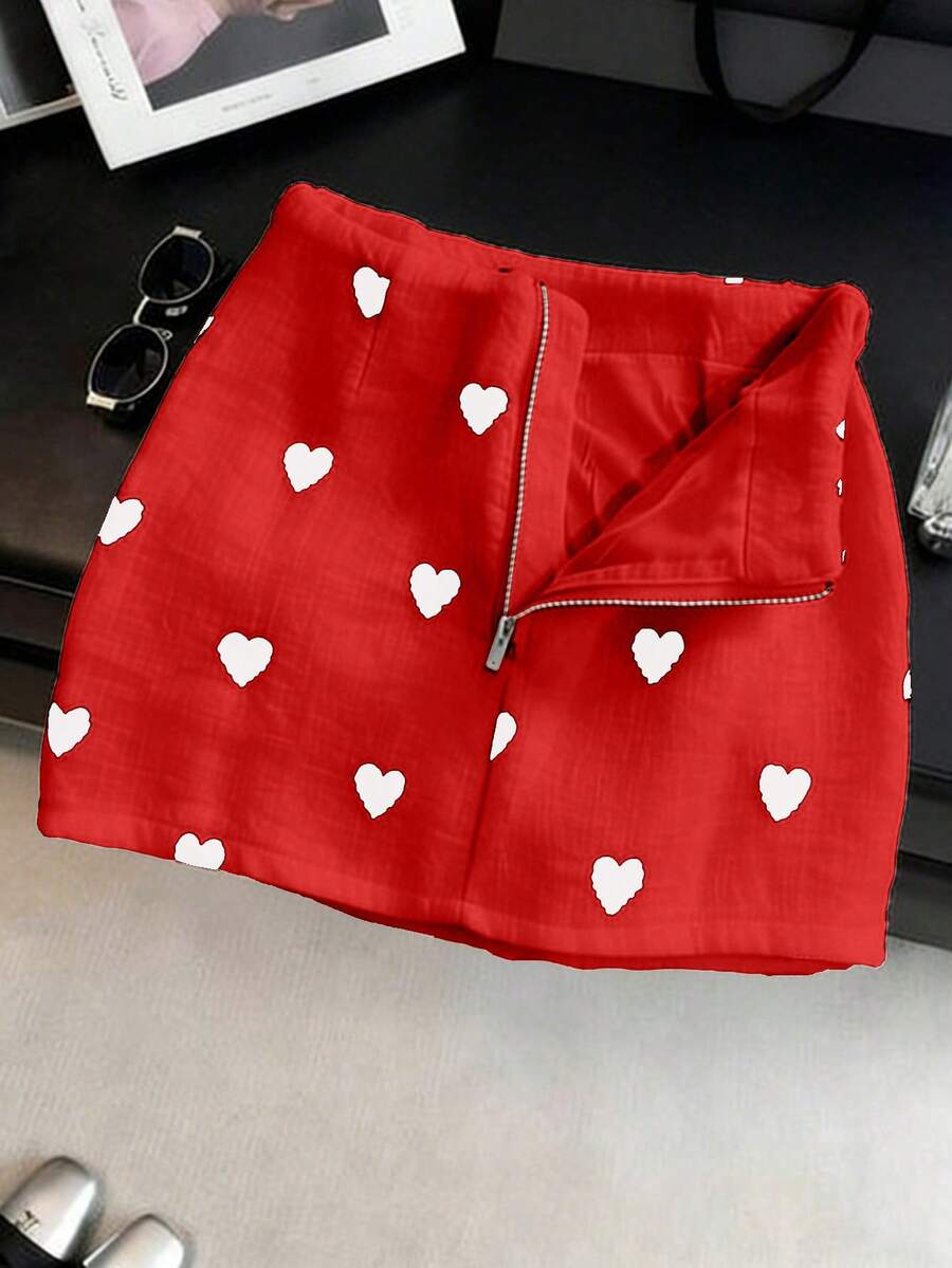 Franclia Korean Style Low Waist A-Line Fashionable New Slimming Heart Print Zipper Skirt For Women - Red - View 1