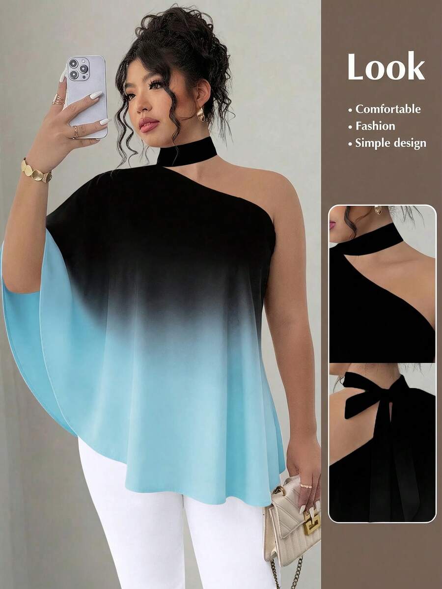 Elenzga Plus Size Contrast Color Ombre Tie Shoulder Asymmetrical Hem Blouse - Multicolor - View 1