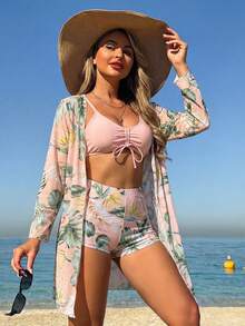 SHEIN Swim 夏日沙灘熱帶印花細肩帶對比熱帶印花比基尼套裝和和服 - 香檳色 - 查看 4