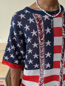STEELVANCE Camiseta de punto de manga corta con estampado de bandera americana desgastada, casual para verano - Rojo - Ver 5