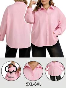 SHEIN CURVE+ قميص بأكمام طويلة وأزرار أمامية بلون وردي فاتح، بسيط وعادي وكاجوال، مناسب للمقاسات الكبيرة، مناسب للبرانش والمكتب والإجازات والمناسبات الرسمية، خريف - وردي - مشاهدة 7
