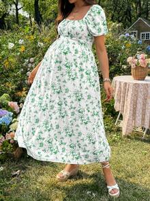 SHEIN Maternity Floral Print Ruched Square Neck Short Sleeve Dress For Summer - Green - View 4
