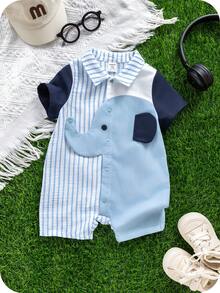 SHEIN Unisex Newborn Baby Boy/Girl Colorblock Blue Striped Cute Elephant Print Short Sleeve Romper,Spring/Summer Boy Clothes Outfit Stripes - Blue - View 7