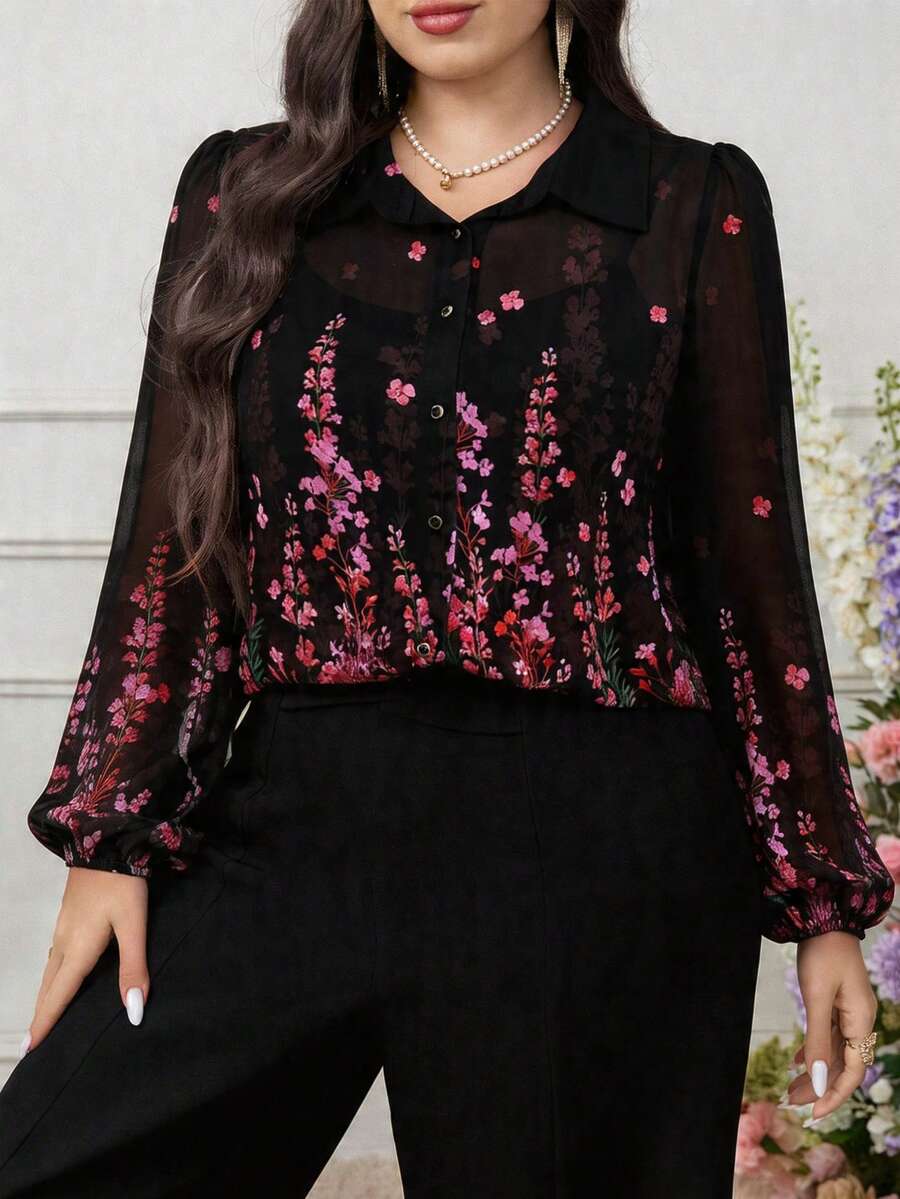 Modelyn Plus Size Floral Print Front Button Casual Long Sleeve Shirt - Multicolor - View 1