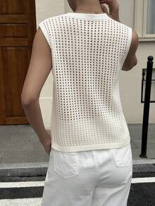 Women's Crew Neck Sleeveless Hollow-Out Textured Knit Pullover Top, Urban Casual - White - View 4