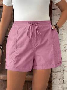 Calvaya Plus Size Women Drawstring Waist Pockets Casual Versatile Daily Wear Shorts - Pink - View 4