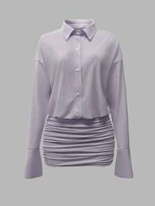 Cévolie Vestido camisero plisado de manga larga con hombros caídos y botonadura sencilla para mujer, color liso, minivestido de moda 2025 - Morado - Ver 4