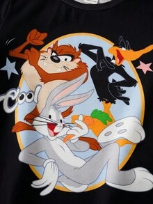 LOONEY TUNES X SHEIN Young Boy Casual Cartoon Pattern Round Neck Short Sleeve T-Shirt, Summer - Black - View 5
