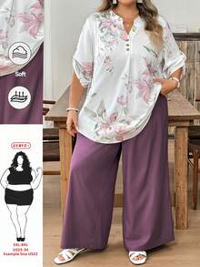 SHEIN CURVE+ Curve 大码女式黑色V领短袖上衣和印花长裤休闲度假两件套，春秋季 - 彩色 - 查看 6