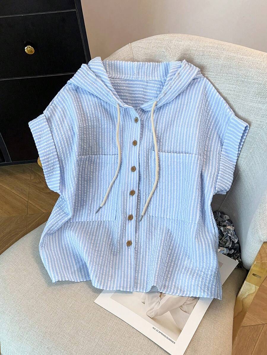 Qadelle Women's Summer Casual Versatile Textured Striped Chiffon Hooded Cardigan With Pockets, Short Sleeve - Blue and White - View 1