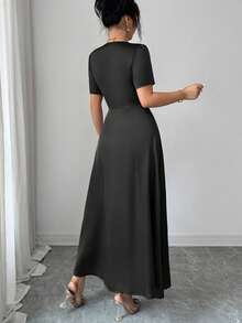Rafferiza Đầm chữ A tay ngắn, cổ chữ V, xếp ly, thắt eo, màu trơn, phong cách thanh lịch Pháp thoải mái dành cho nữ. - màu đen - Xem 2