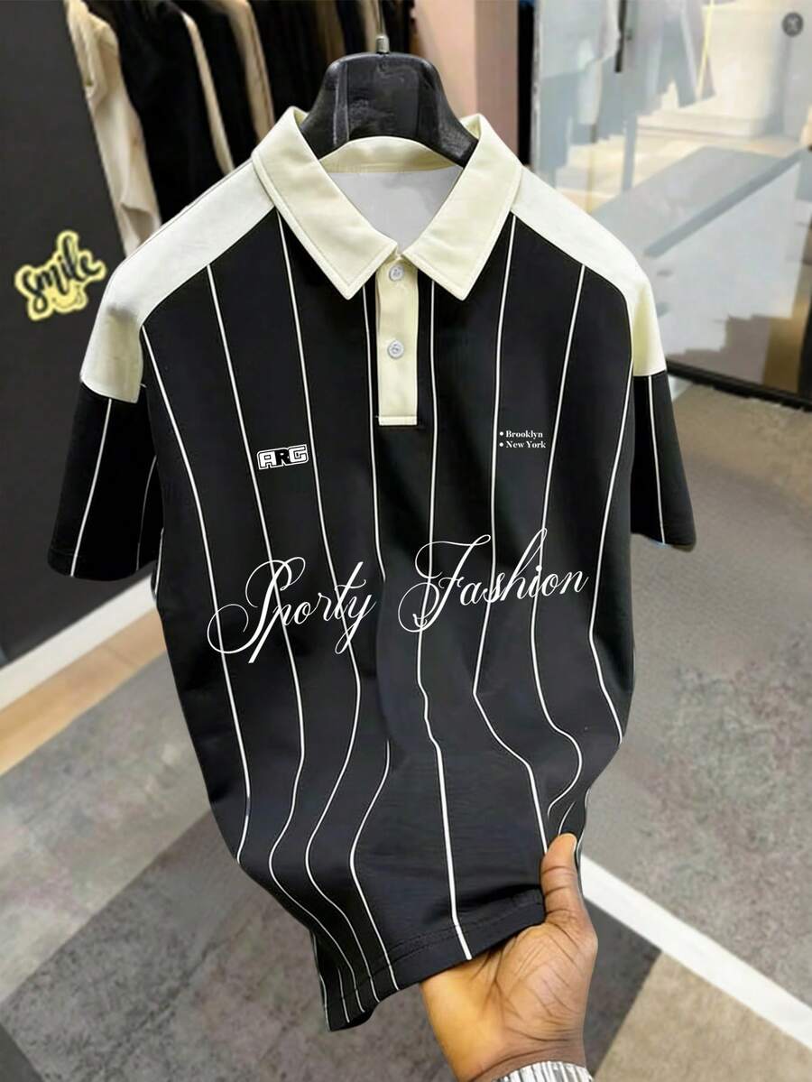 Chillumni Men's Digital Print Striped Half-Placket Short Sleeve Casual Regular Polo Shirt - Multicolor - View 1