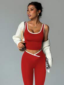Easithlete Conjunto deportivo de mujer con colores contrastantes para yoga - Rojo - Ver 4