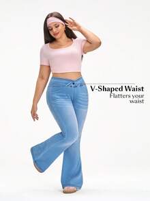 SHEIN FlexDen Quần jean dệt kim co giãn, phối màu trơn, cỡ lớn, kiểu dáng thường ngày. - Màu xanh lam - Xem 7