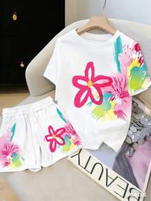 Resyla Bộ 2 món gồm áo thun và quần short in họa tiết hoa màu nước lấy cảm hứng từ Dopamine, trang phục mùa hè dáng rộng thoải mái. - trắng - Xem 5