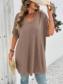 EMERY ROSE Plus Size Summer Casual Solid Color Batwing Sleeve Side Slit T-Shirt - Khaki - View 4