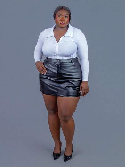 CurvyTilda 大码女式半身裙 复古优雅派对修身半身裙 带口袋和金属纽扣，适合所有季节 感恩节 女式红色皮裙 新年 情人节