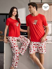 CoupledUp 卡通爱心和小熊印花男士休闲睡衣套装 - 紅色 - 查看 3
