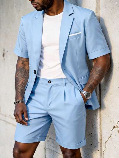 Manfinity Mode Men's Solid Color Minimalist Daily Short Sleeve Top And Shorts Suit