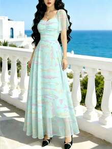 Modelyn 霓虹金枪鱼印花女式连衣裙，时尚方领荷叶袖设计，收腰优雅长裙，海洋生物图案浅粉色雪纺连衣裙，适合夏季度假和日常穿着 - 彩色 - 查看 3