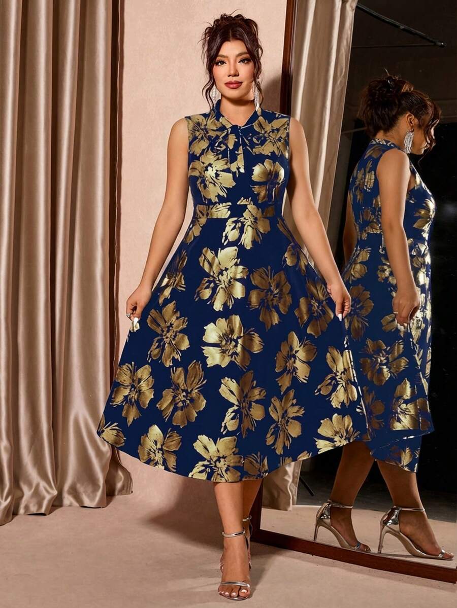 Cravure Plus Size Sleeveless Floral Print Fitted Summer Dress With Sash - Navy Blue - View 1