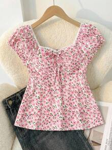 Tween Girls Floral Lace Trim Shirred Printed Blouse, Casual Vacation French Short Sleeve Shirt - Pink - View 7