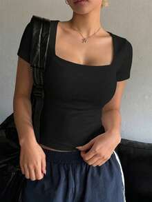 DAZY 女士方领短袖性感修身T恤，夏季可爱上衣 - 黑色 - 查看 6